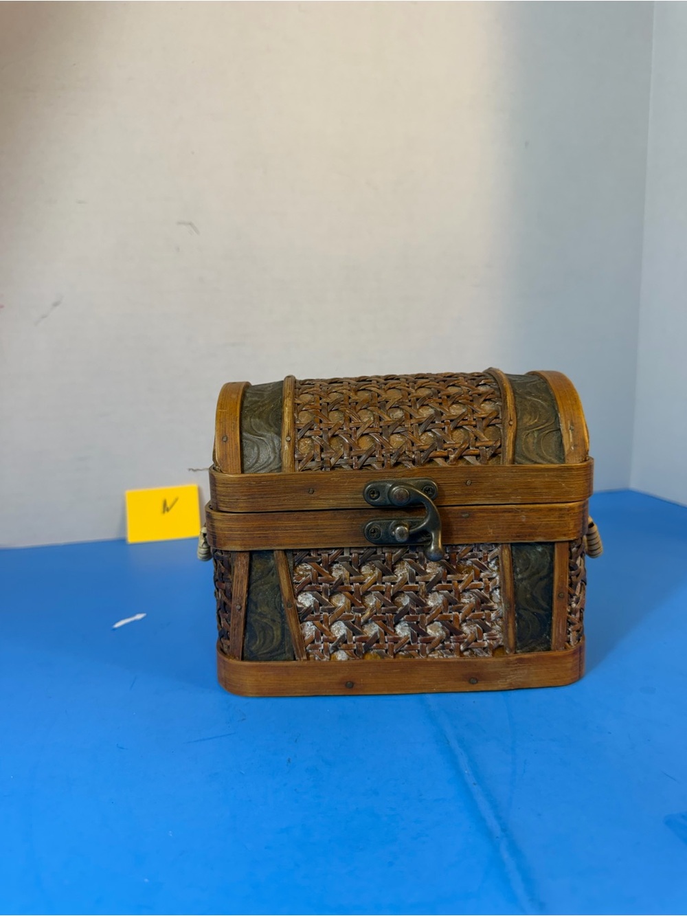 Vintage Wood, Cooper, And Wicker Treasure Chest with Side Handles & Latch